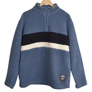 Roots Fleece Sweatshirt 1/4 Zip Blue White Striped Size Large